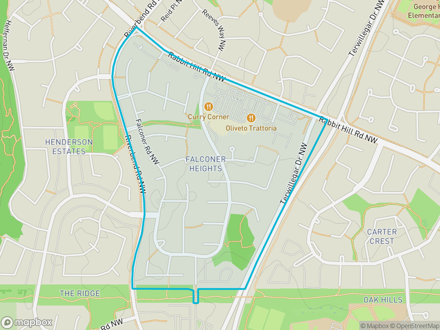 Map of Falconer Heights, Edmonton — neighbourhood boundary, parks and surrounding streets.
