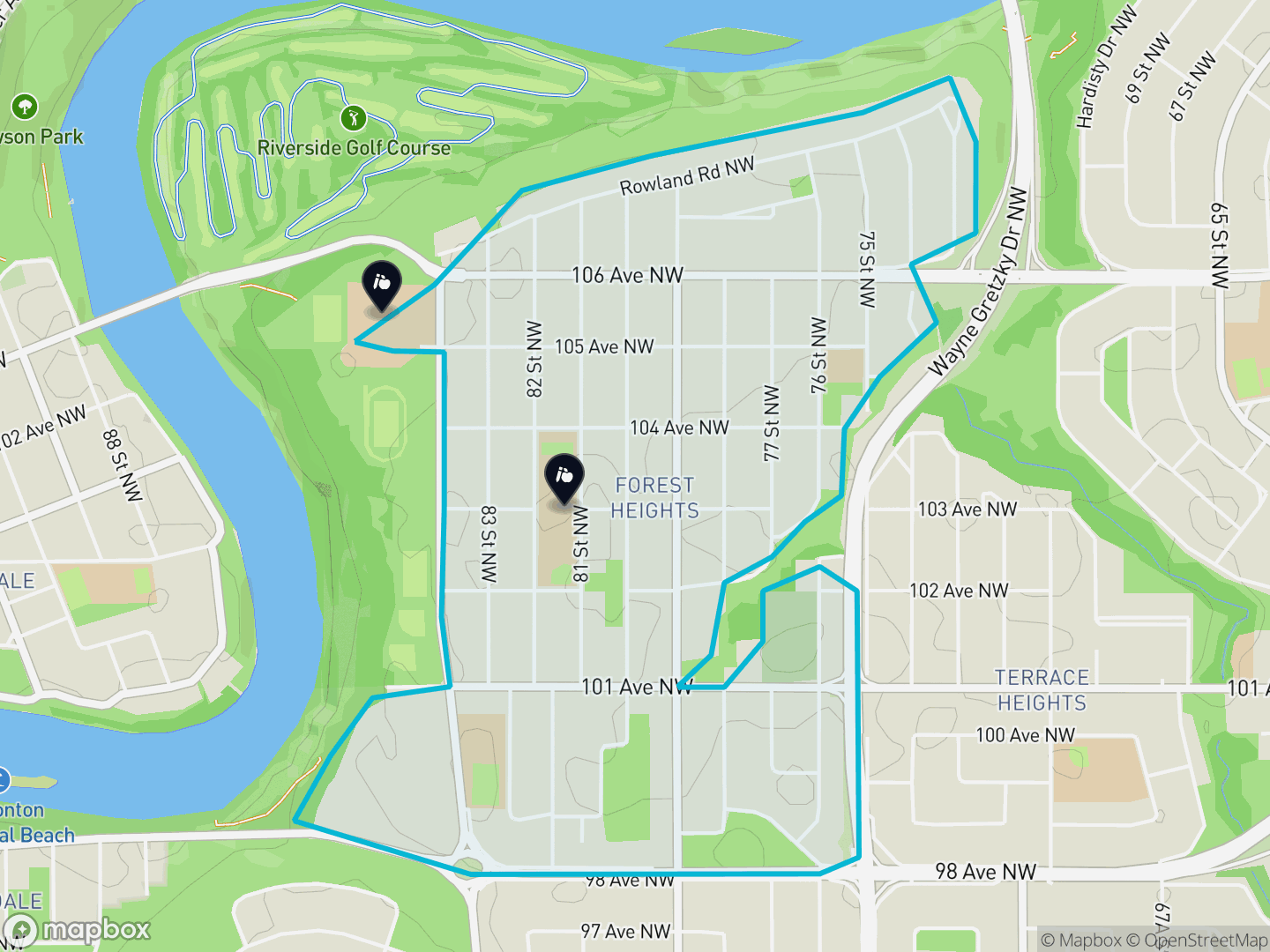 Map of Forest Heights, Edmonton — neighbourhood boundary, 2 schools, parks and surrounding streets.