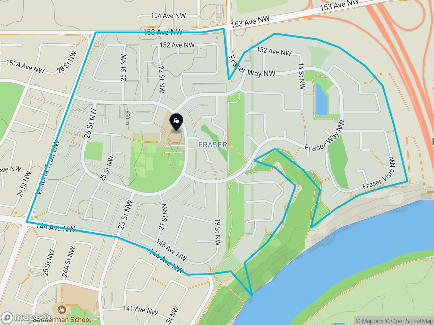 Map of Fraser, Edmonton — neighbourhood boundary, 1 school, parks and surrounding streets.