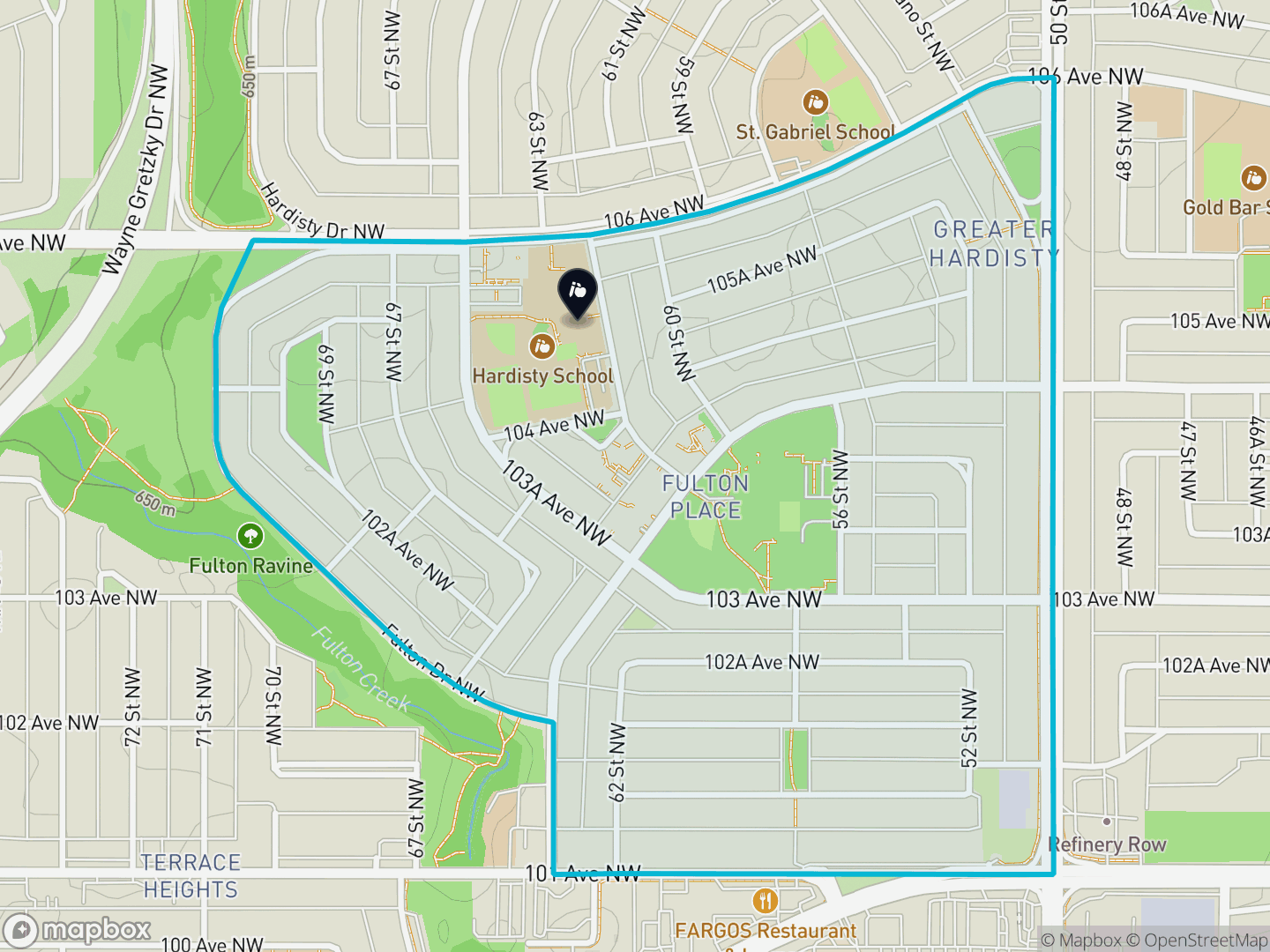 Map of Fulton Place, Edmonton — neighbourhood boundary, 1 school, parks and surrounding streets.