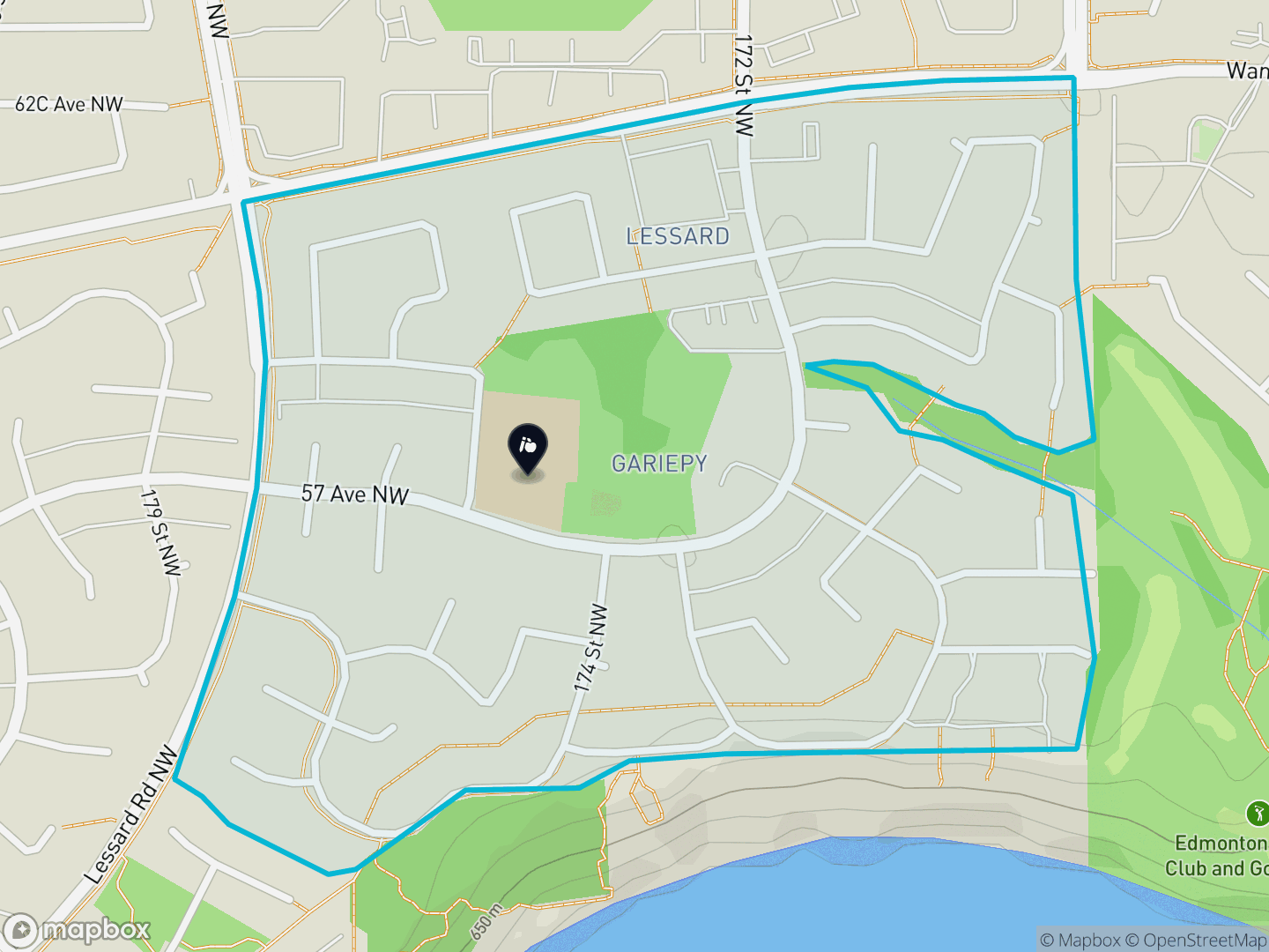 Map of Gariepy, Edmonton — neighbourhood boundary, 1 school, parks and surrounding streets.