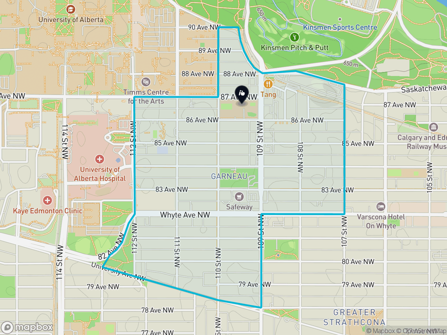Map of Garneau, Edmonton — neighbourhood boundary, 1 school, parks and surrounding streets.