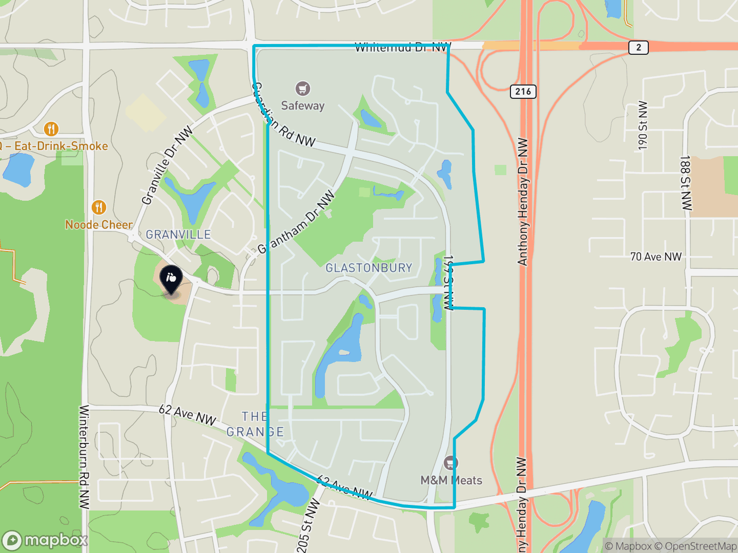 Map of Glastonbury, Edmonton — neighbourhood boundary, 1 school, parks and surrounding streets.