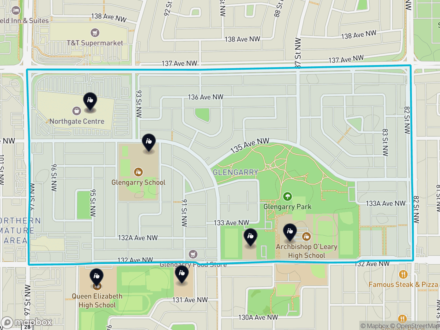 Map of Glengarry, Edmonton — neighbourhood boundary, 7 schools, parks and surrounding streets.