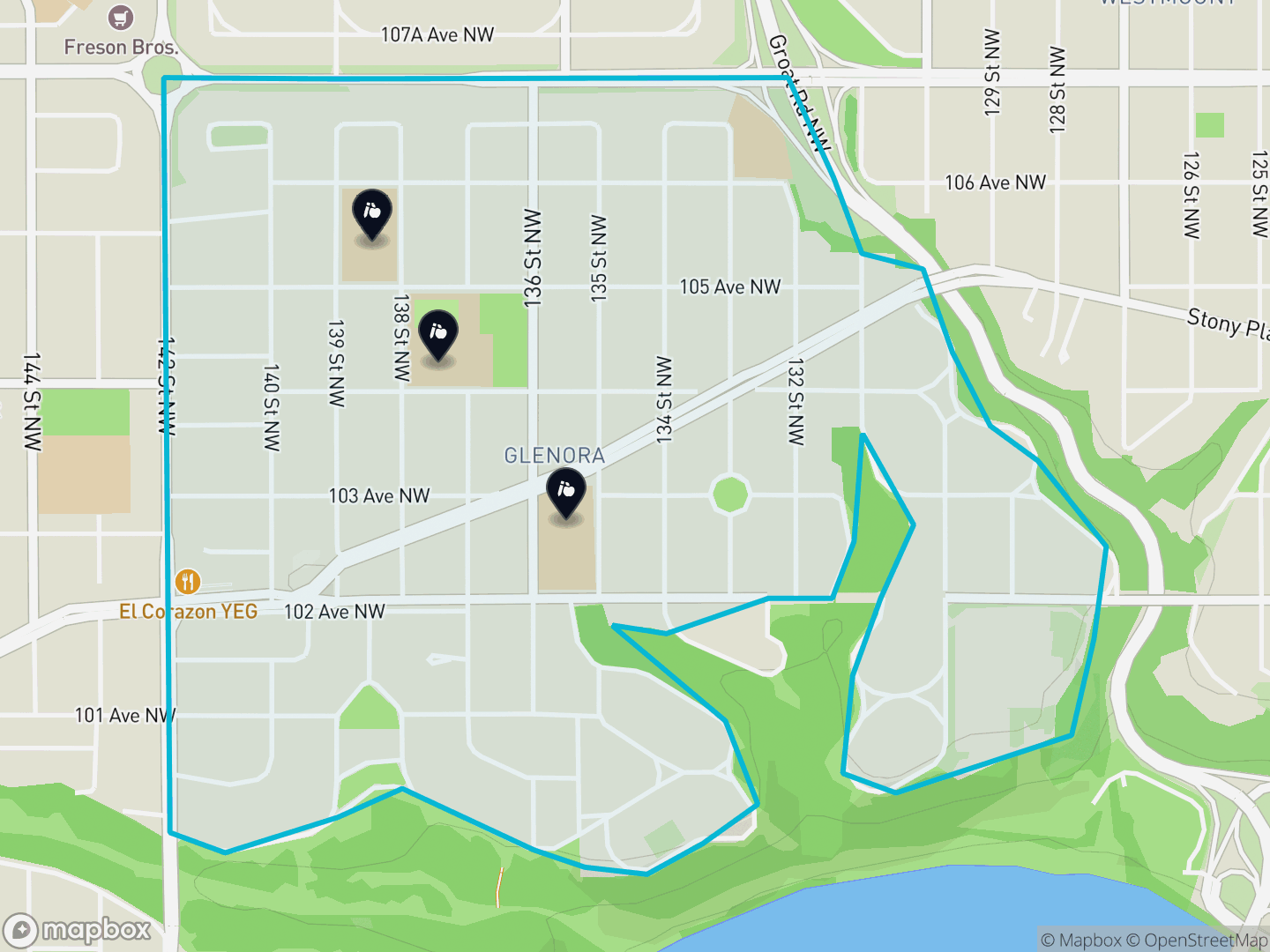 Map of Glenora, Edmonton — neighbourhood boundary, 3 schools, parks and surrounding streets.
