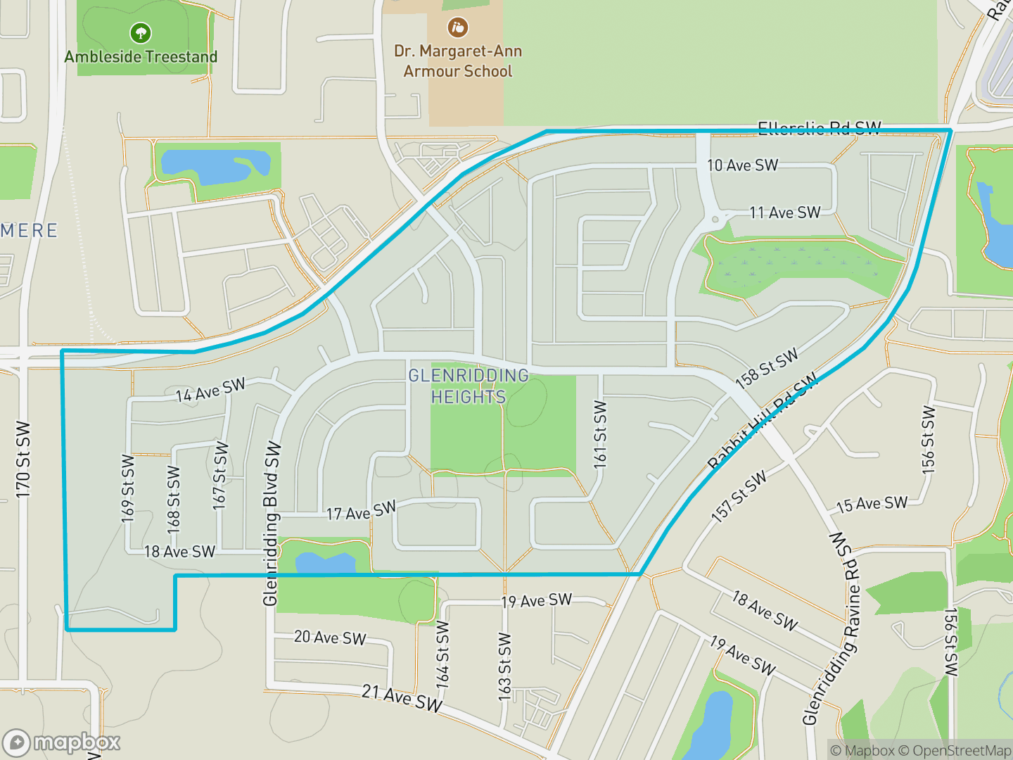 Map of Glenridding Heights, Edmonton — neighbourhood boundary, parks and surrounding streets.