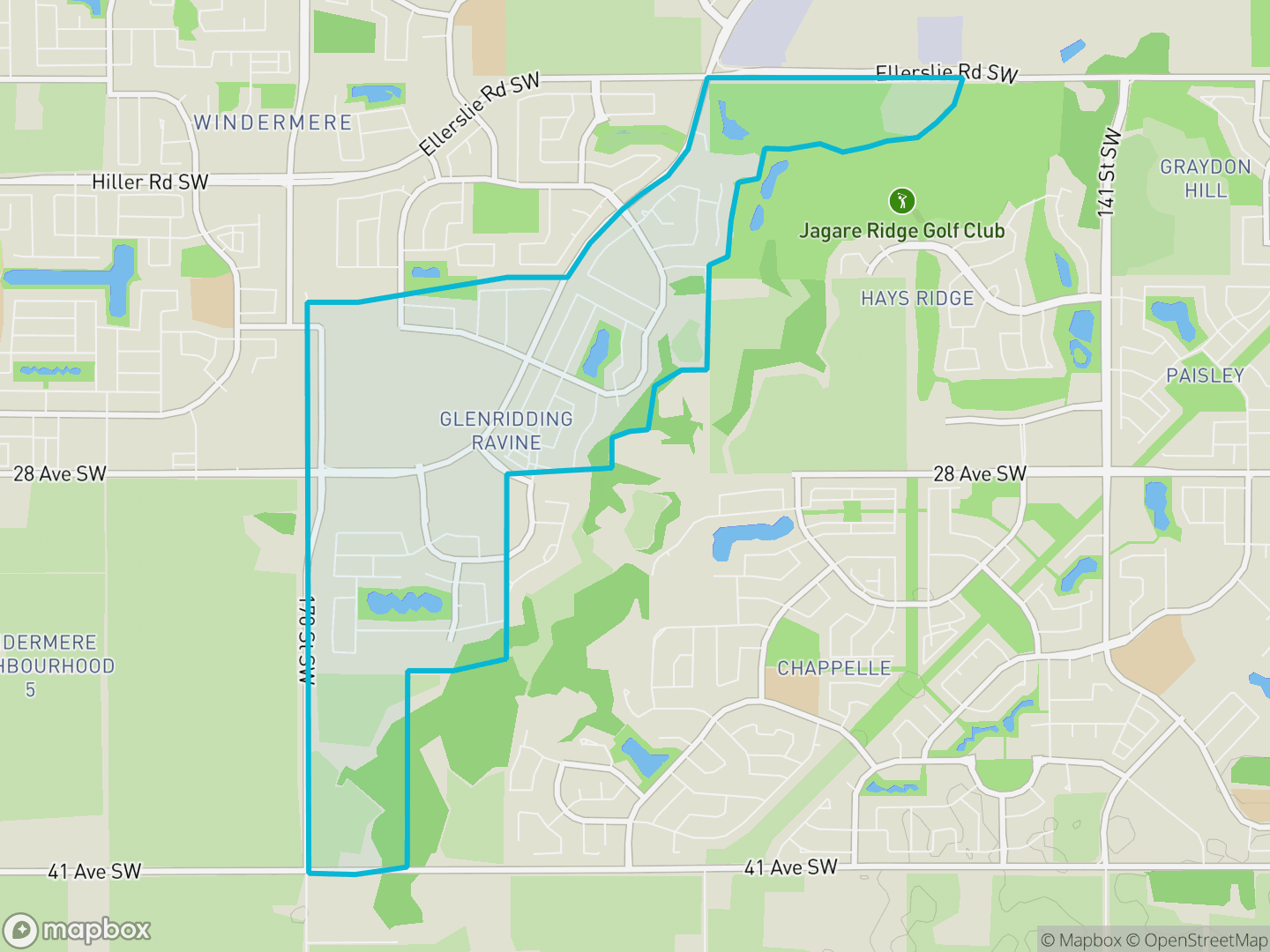 Map of Glenridding Ravine, Edmonton — neighbourhood boundary, parks and surrounding streets.