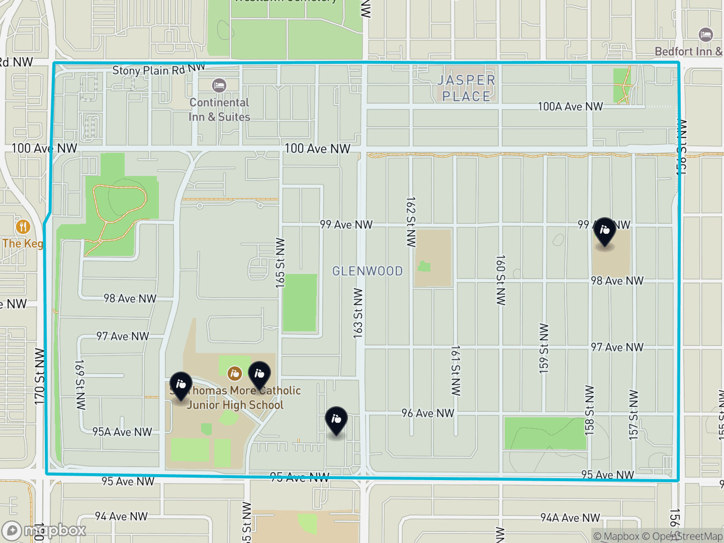 Map of Glenwood, Edmonton — neighbourhood boundary, 4 schools, parks and surrounding streets.