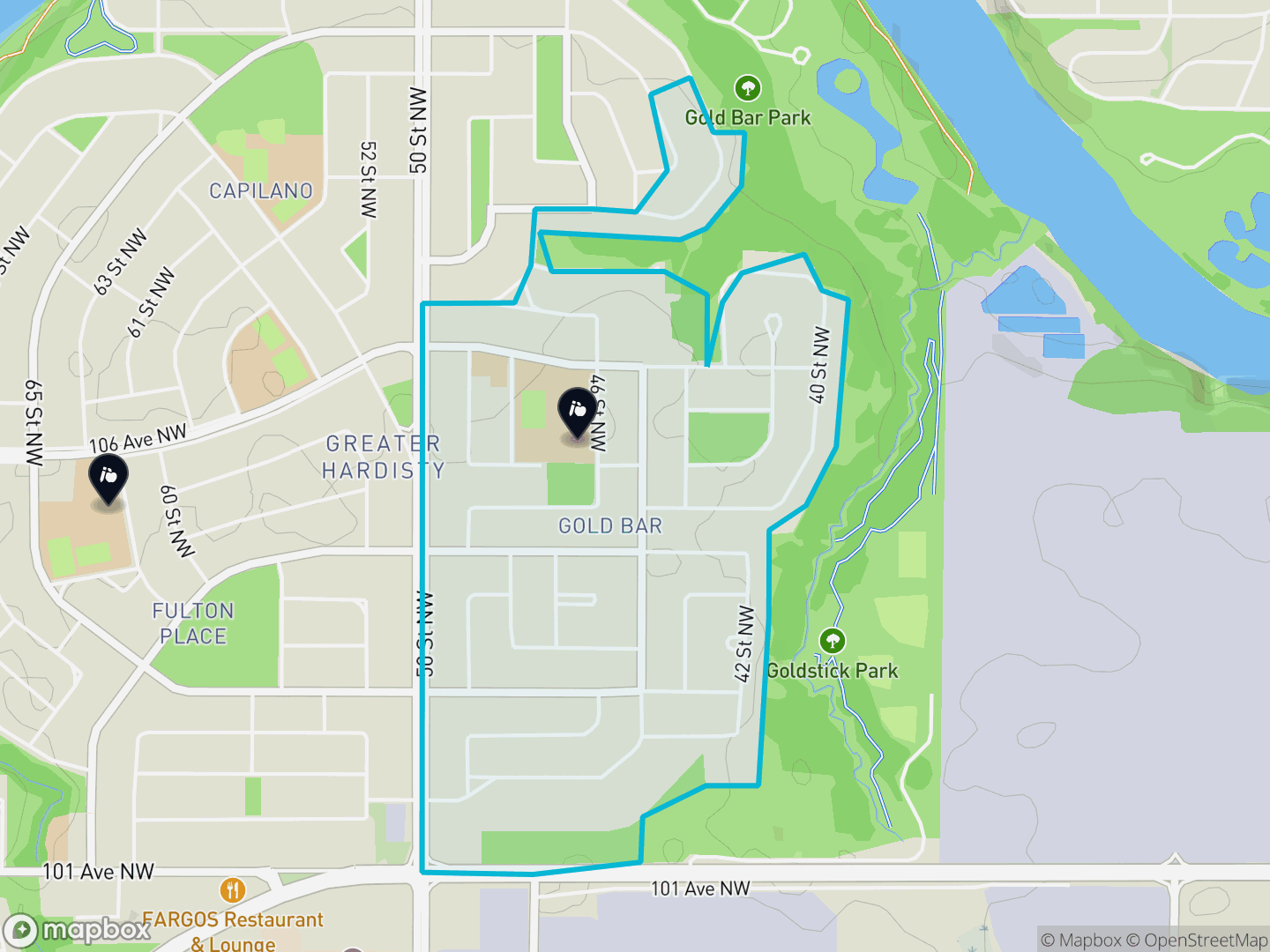 Map of Gold Bar, Edmonton — neighbourhood boundary, 2 schools, parks and surrounding streets.