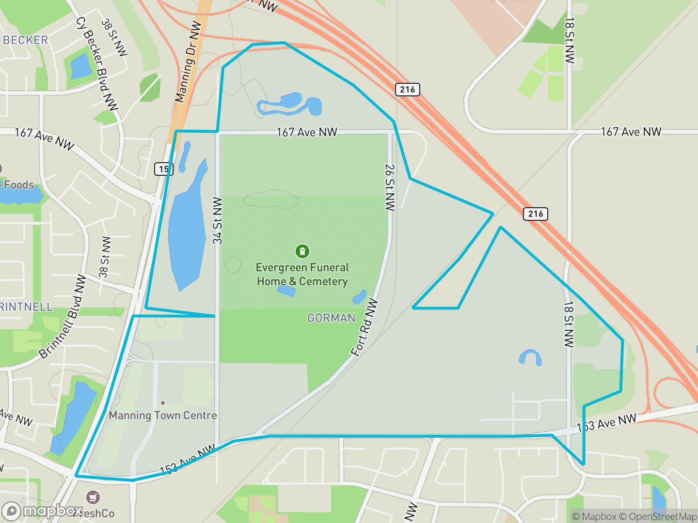 Map of Gorman, Edmonton — neighbourhood boundary, parks and surrounding streets.