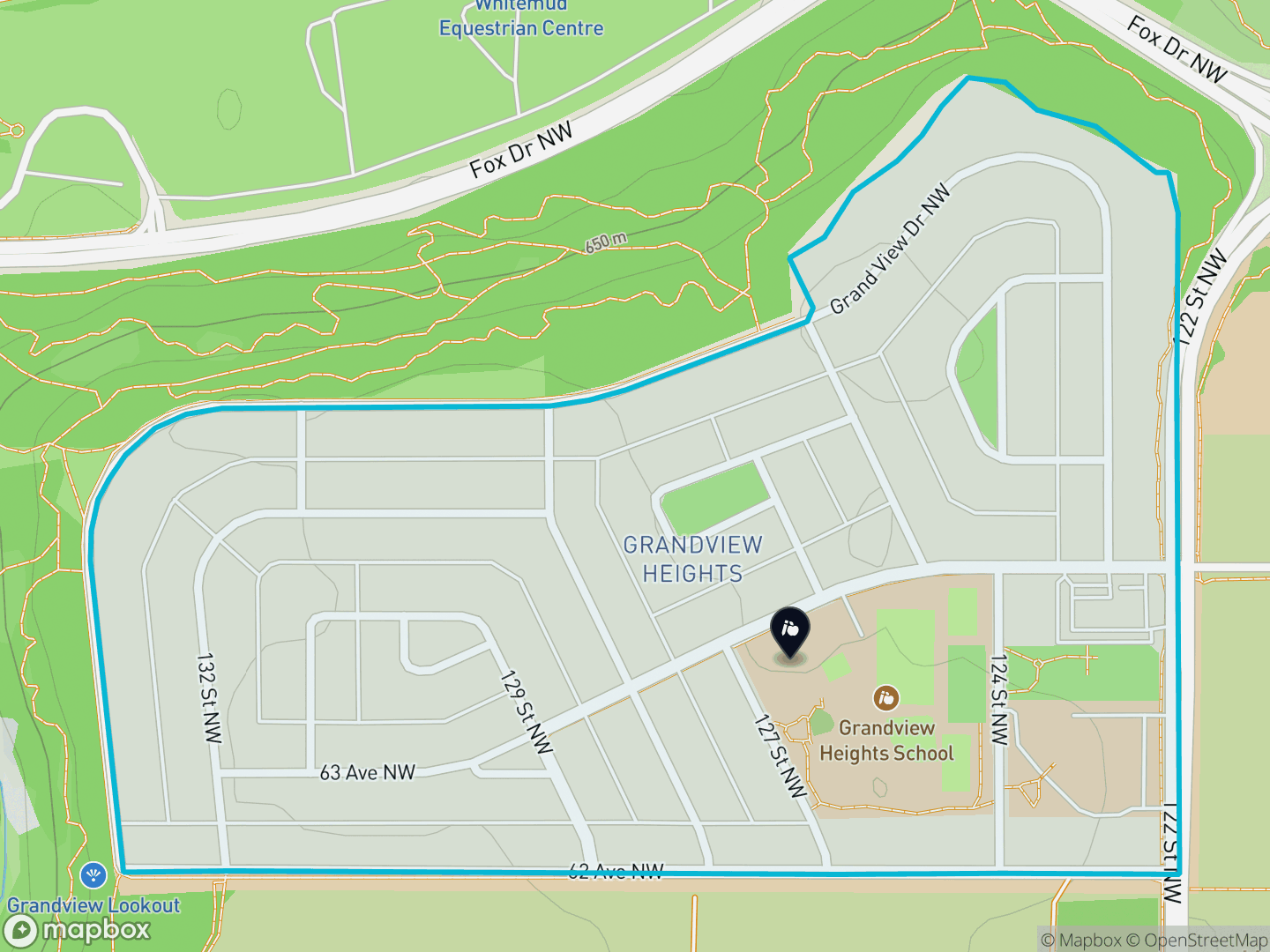 Map of Grandview Heights, Edmonton — neighbourhood boundary, 1 school, parks and surrounding streets.