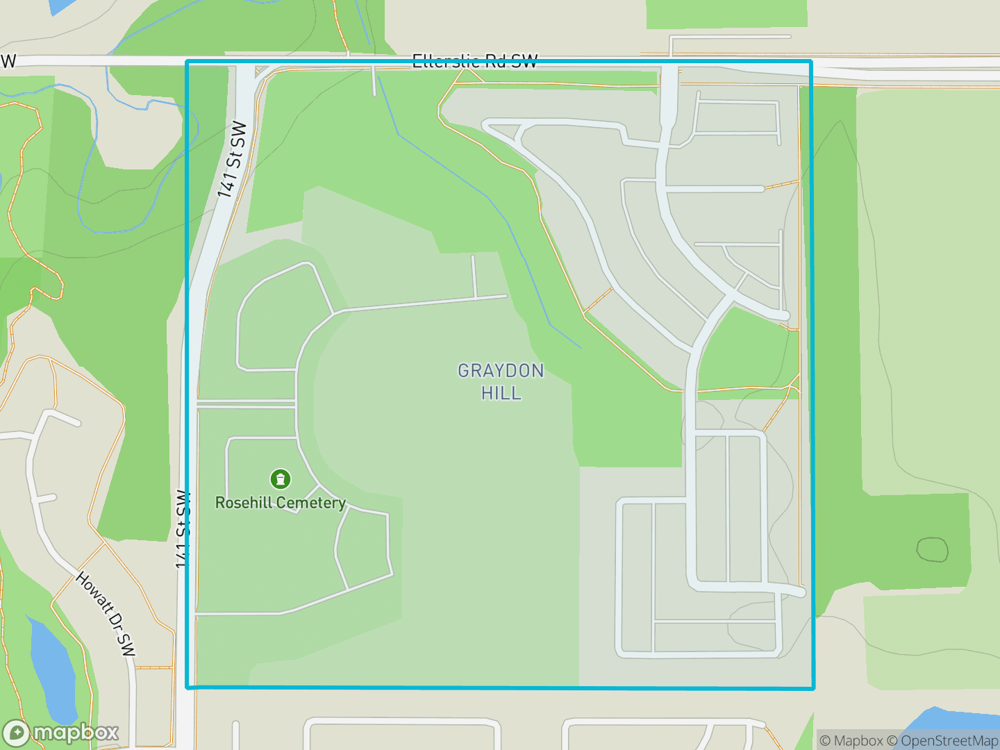 Map of Graydon Hill, Edmonton — neighbourhood boundary, parks and surrounding streets.