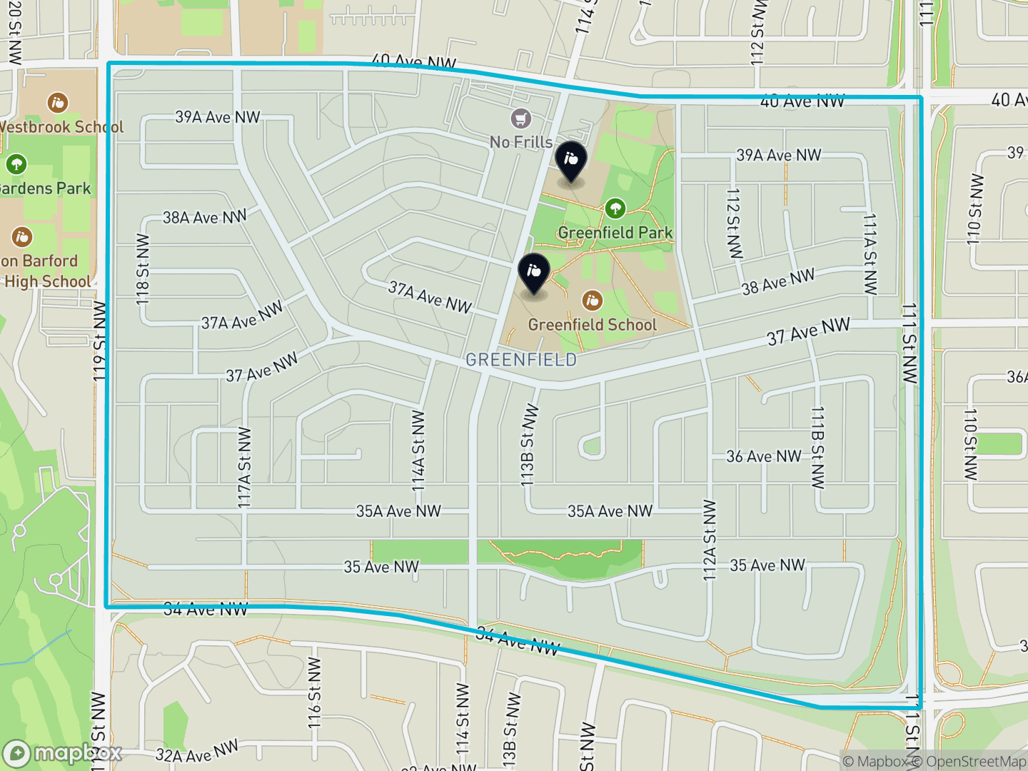 Map of Greenfield, Edmonton — neighbourhood boundary, 2 schools, parks and surrounding streets.