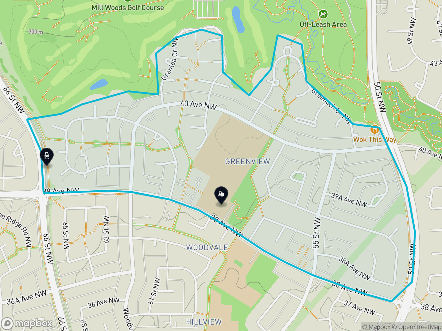 Map of Greenview, Edmonton — neighbourhood boundary with 1 LRT station, 1 school, parks and surrounding streets.