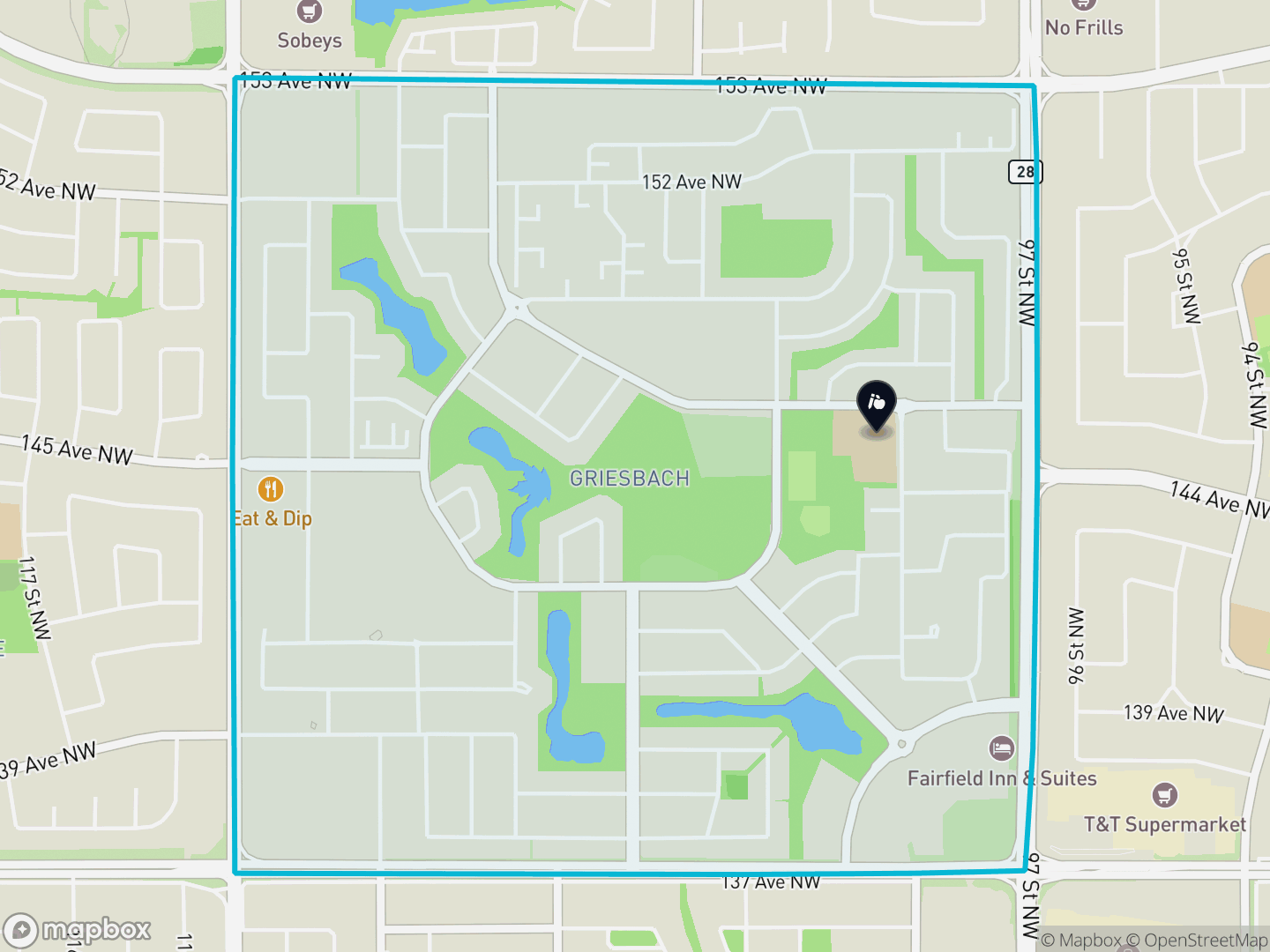 Map of Griesbach, Edmonton — neighbourhood boundary, 1 school, parks and surrounding streets.