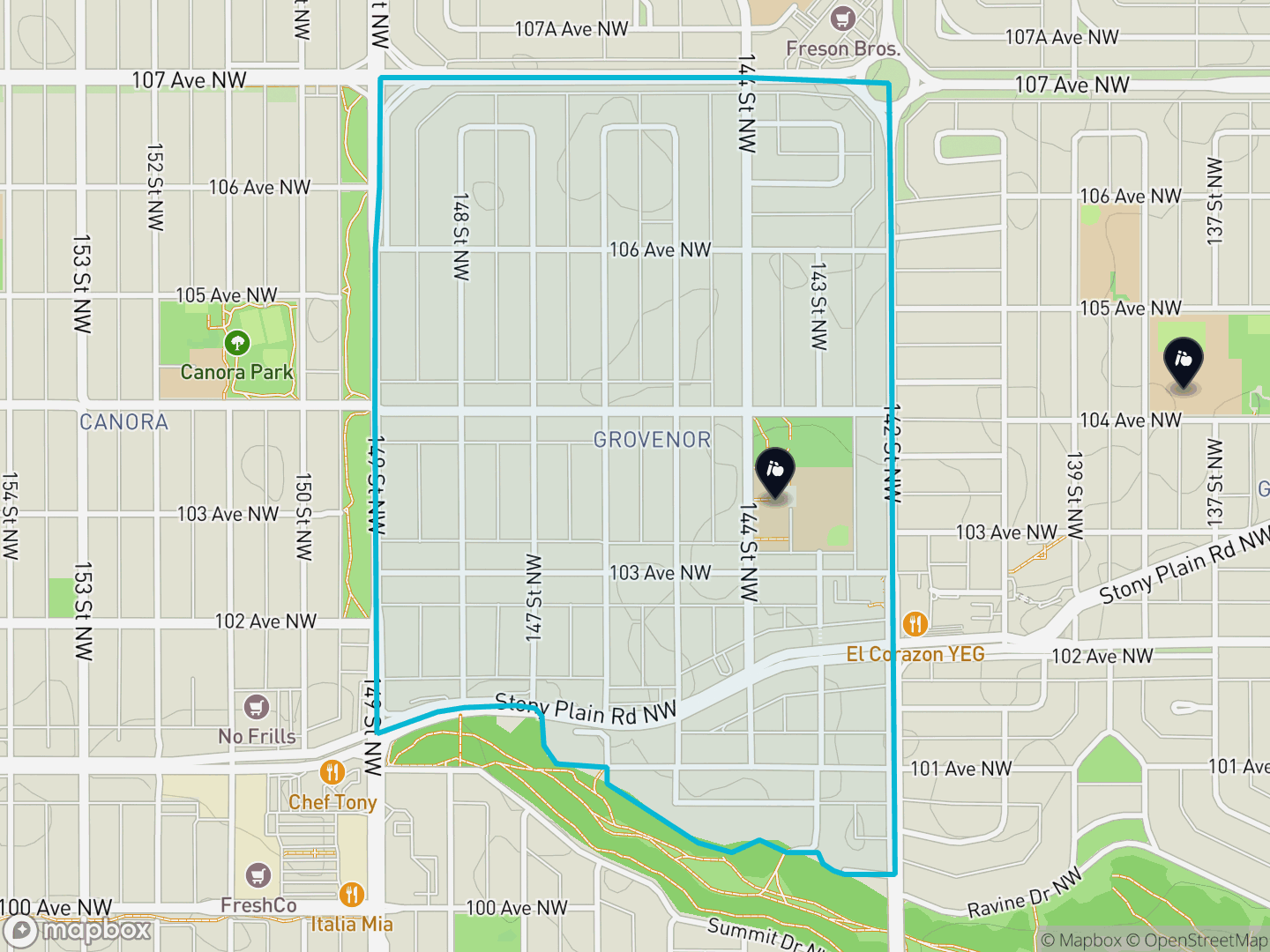 Map of Grovenor, Edmonton — neighbourhood boundary, 2 schools, parks and surrounding streets.