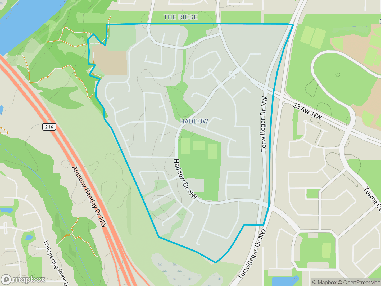Map of Haddow, Edmonton — neighbourhood boundary, parks and surrounding streets.