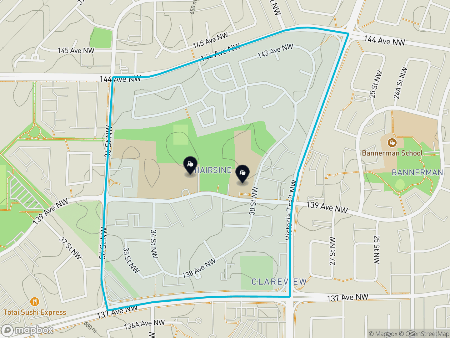 Map of Hairsine, Edmonton — neighbourhood boundary, 2 schools, parks and surrounding streets.
