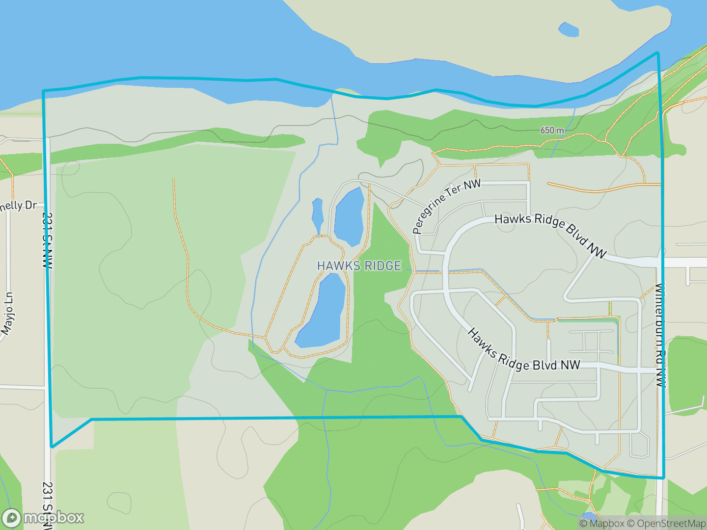 Map of Hawks Ridge, Edmonton — neighbourhood boundary, parks and surrounding streets.