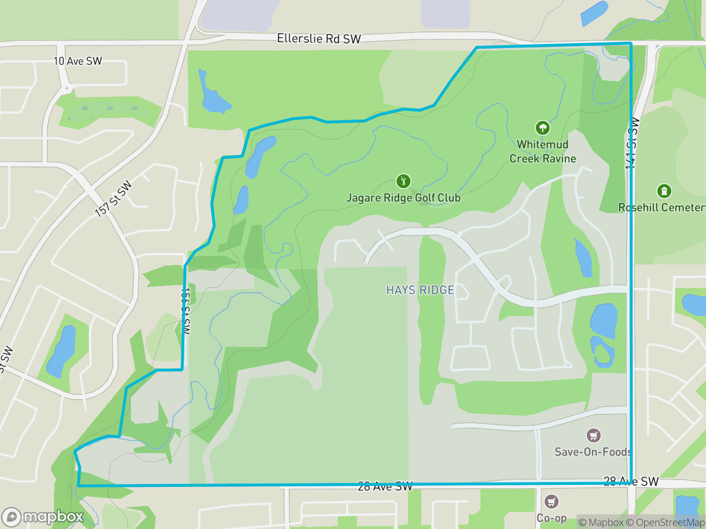 Map of Hays Ridge Area, Edmonton — neighbourhood boundary, parks and surrounding streets.