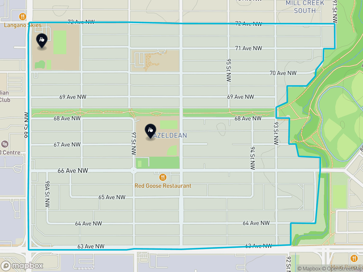 Map of Hazeldean, Edmonton — neighbourhood boundary, 2 schools, parks and surrounding streets.