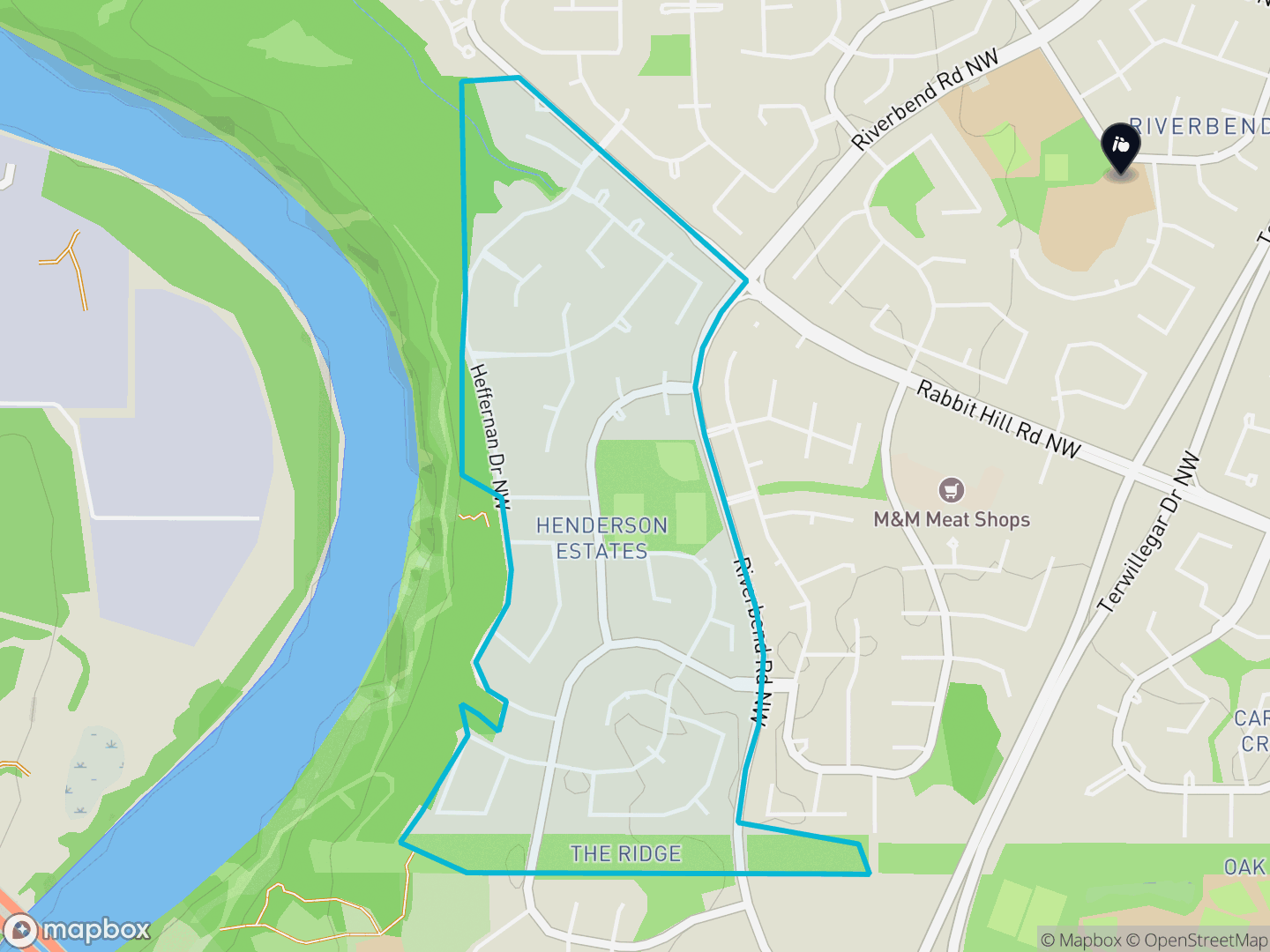 Map of Henderson Estates, Edmonton — neighbourhood boundary, 1 school, parks and surrounding streets.