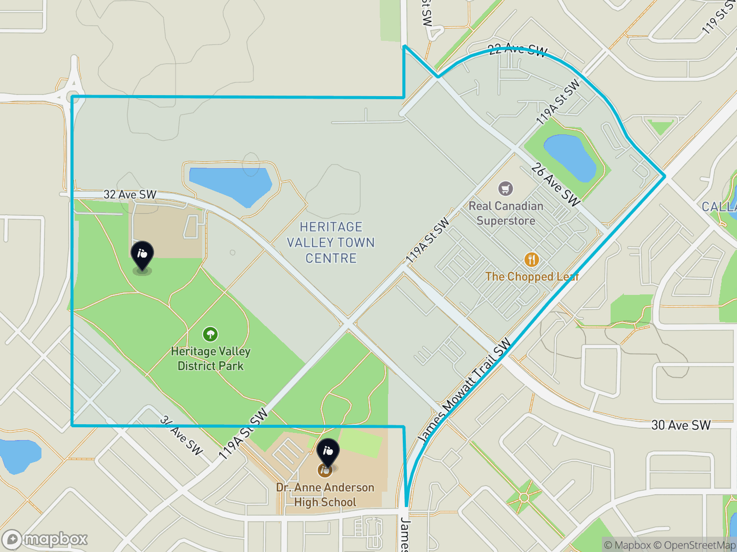 Map of Heritage Valley Town Centre, Edmonton — neighbourhood boundary, 2 schools, parks and surrounding streets.