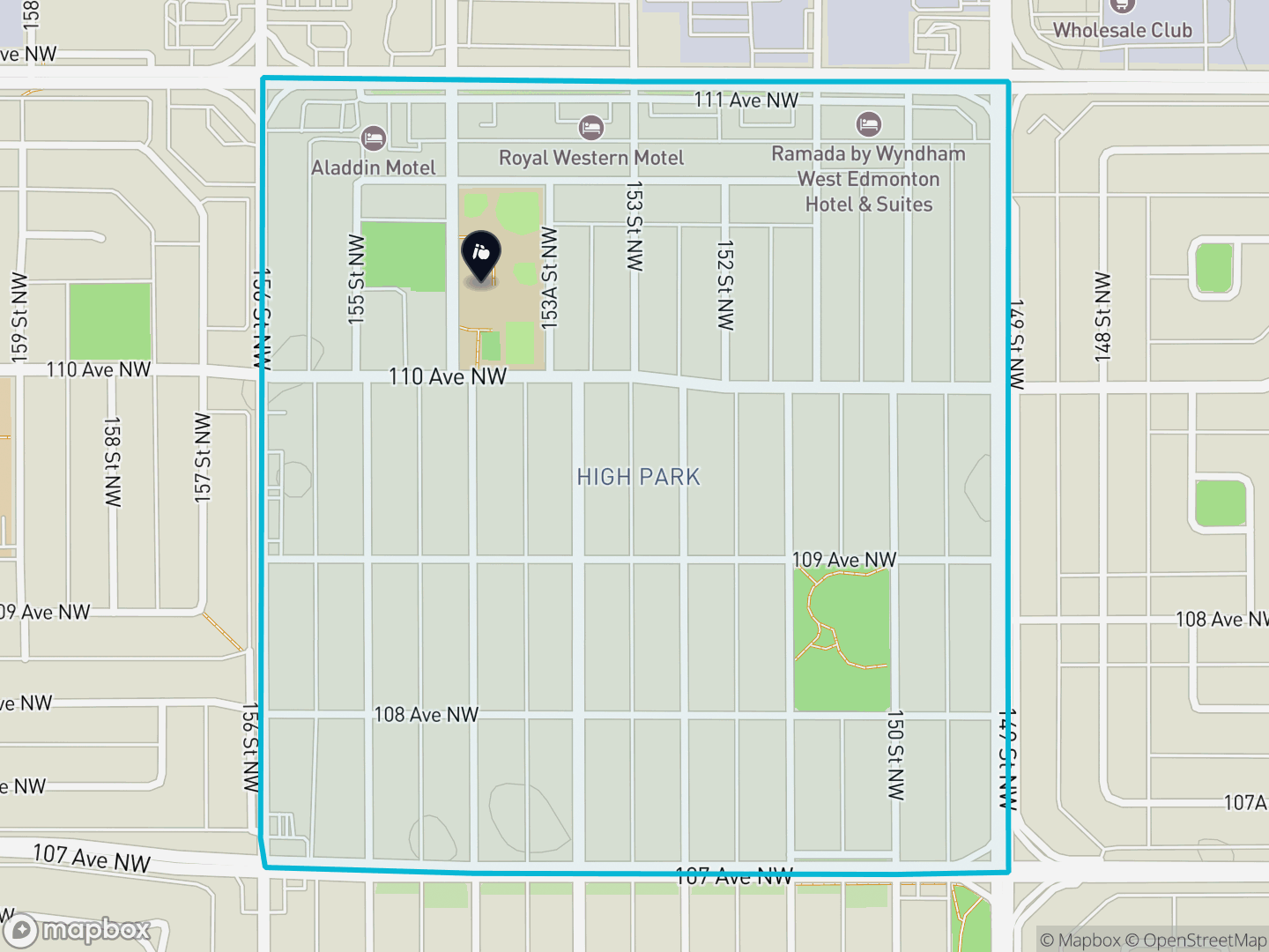 Map of High Park, Edmonton — neighbourhood boundary, 1 school, parks and surrounding streets.