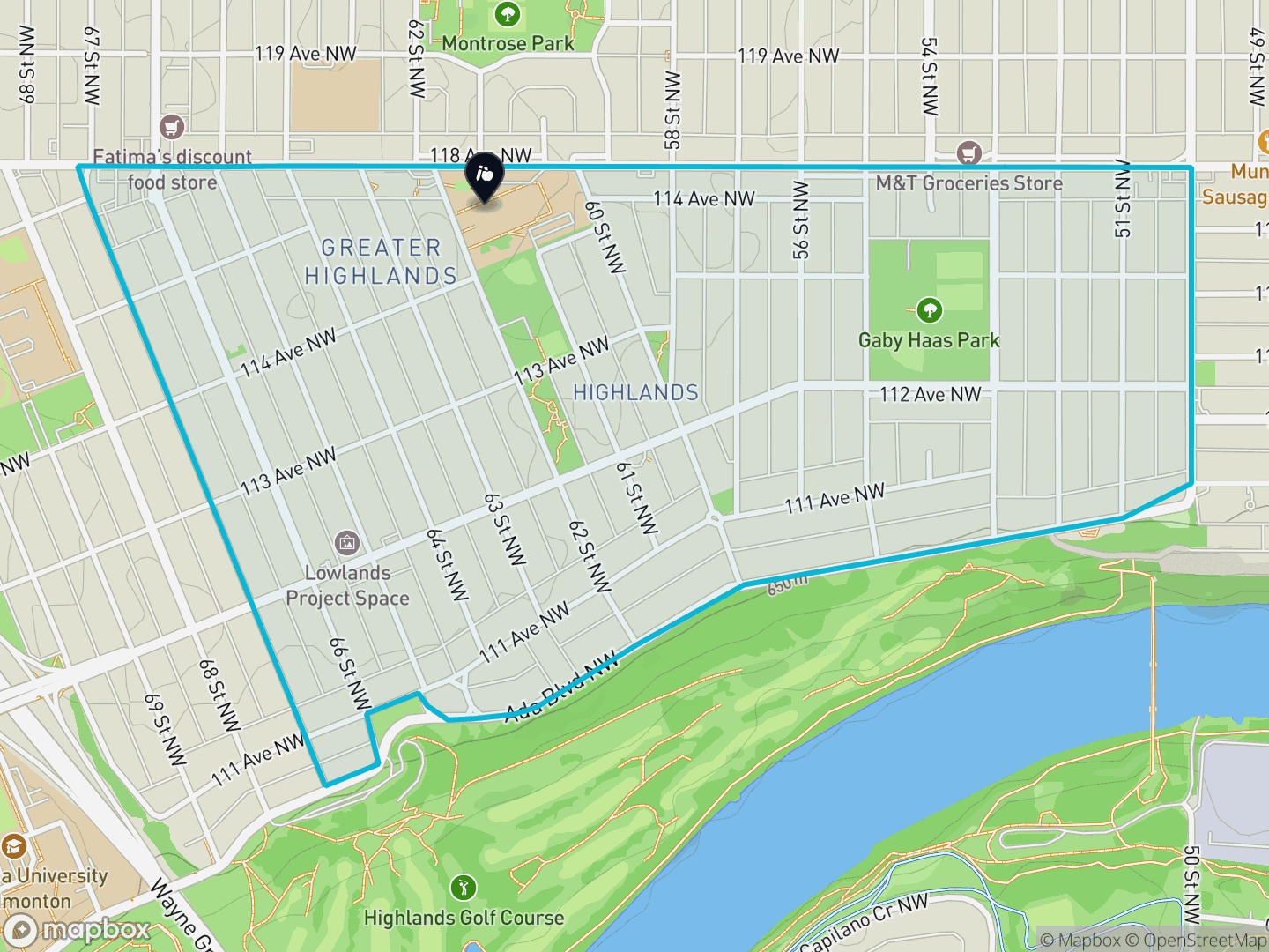 Map of Highlands, Edmonton — neighbourhood boundary, 1 school, parks and surrounding streets.