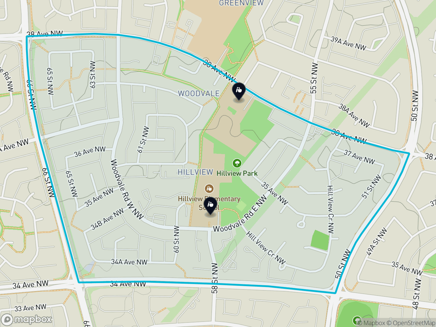 Map of Hillview, Edmonton — neighbourhood boundary, 2 schools, parks and surrounding streets.