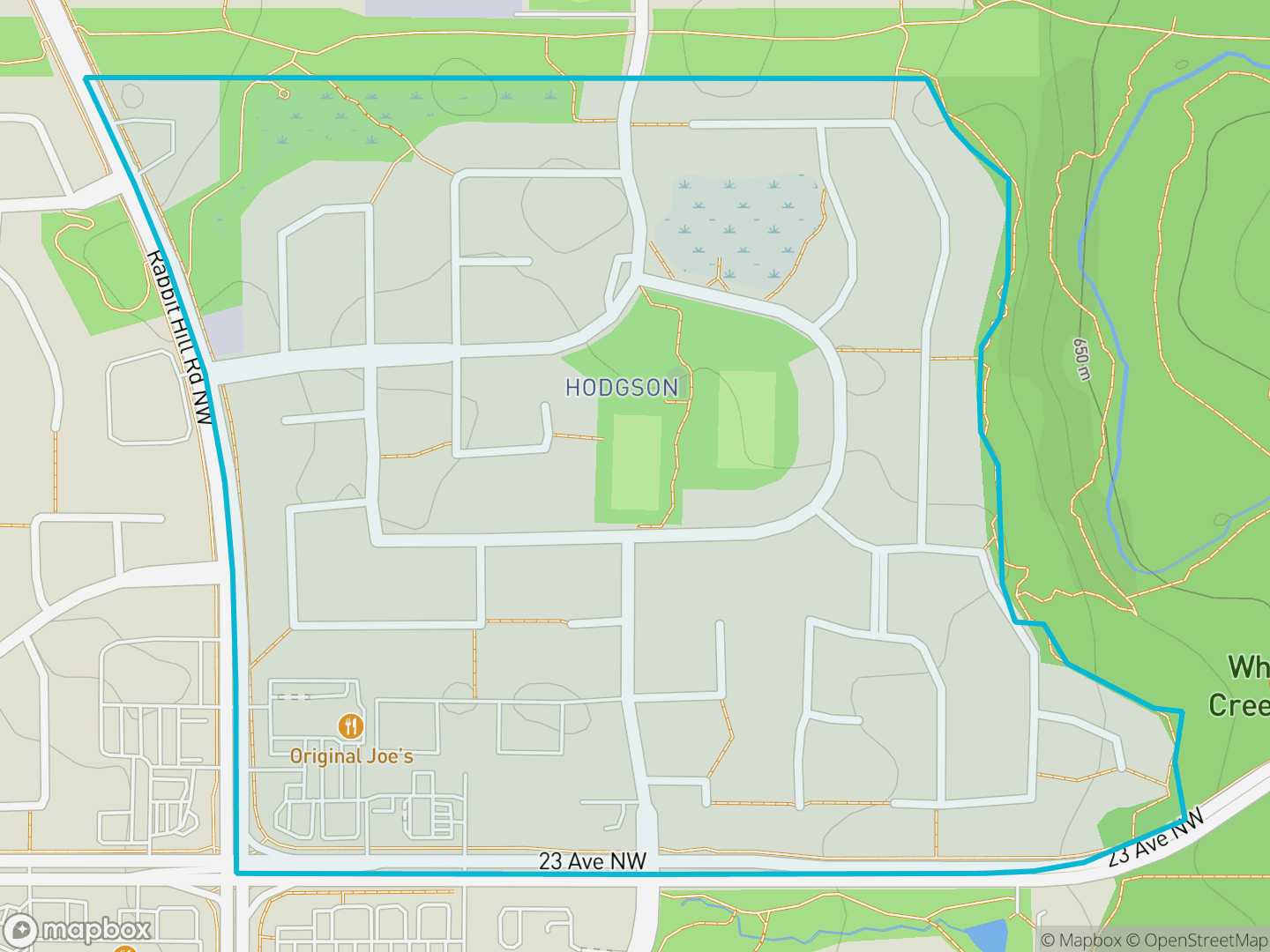 Map of Hodgson, Edmonton — neighbourhood boundary, parks and surrounding streets.