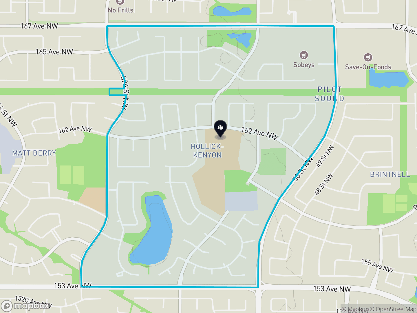 Map of Hollick-Kenyon, Edmonton — neighbourhood boundary, 1 school, parks and surrounding streets.