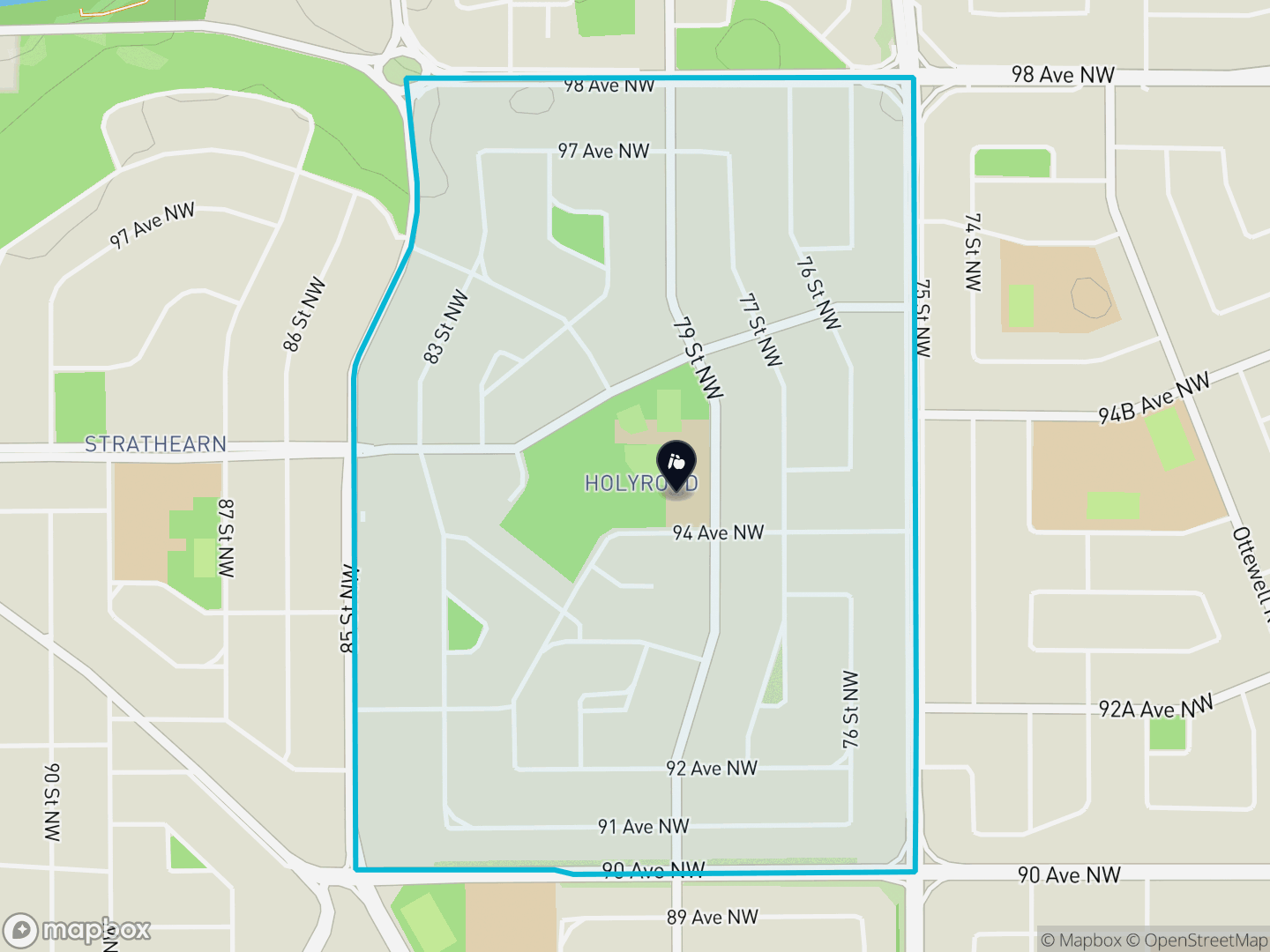 Map of Holyrood, Edmonton — neighbourhood boundary, 1 school, parks and surrounding streets.