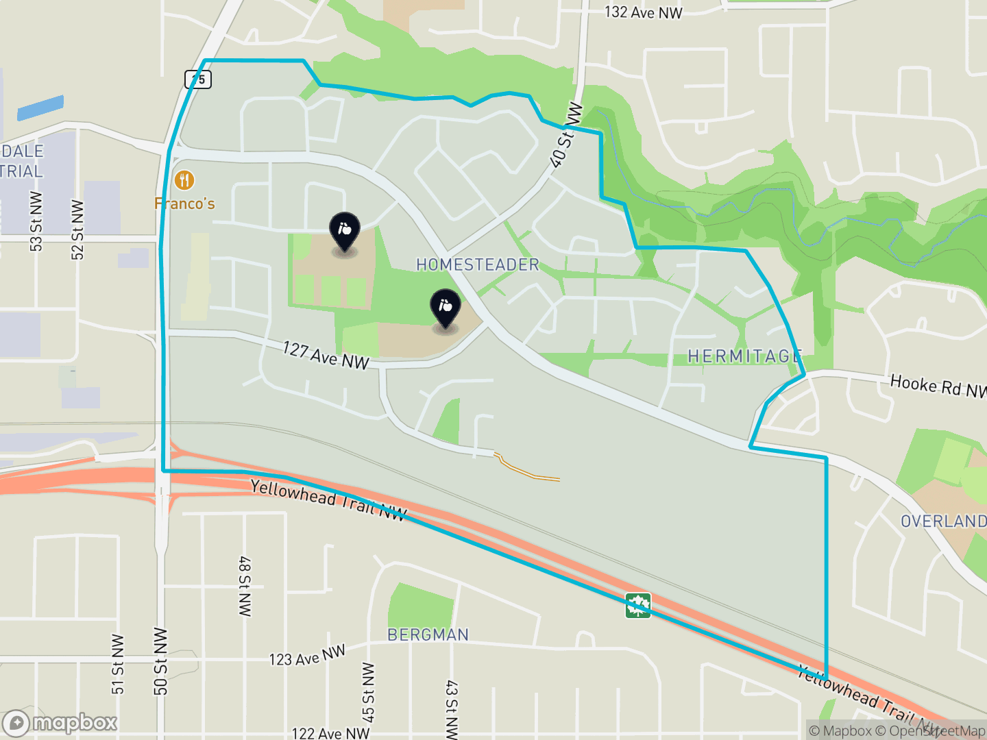 Map of Homesteader, Edmonton — neighbourhood boundary, 2 schools, parks and surrounding streets.