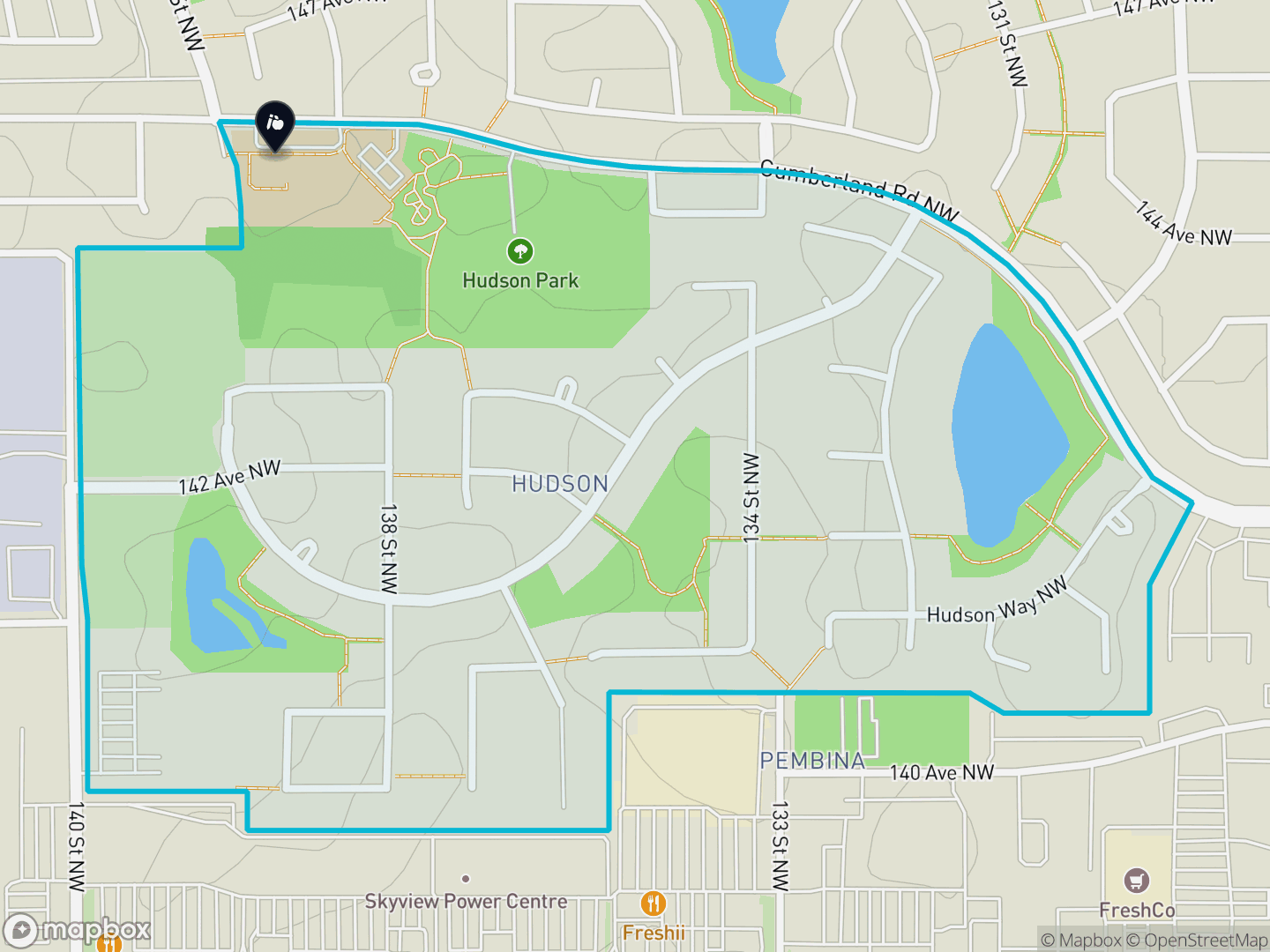 Map of Hudson, Edmonton — neighbourhood boundary, 1 school, parks and surrounding streets.