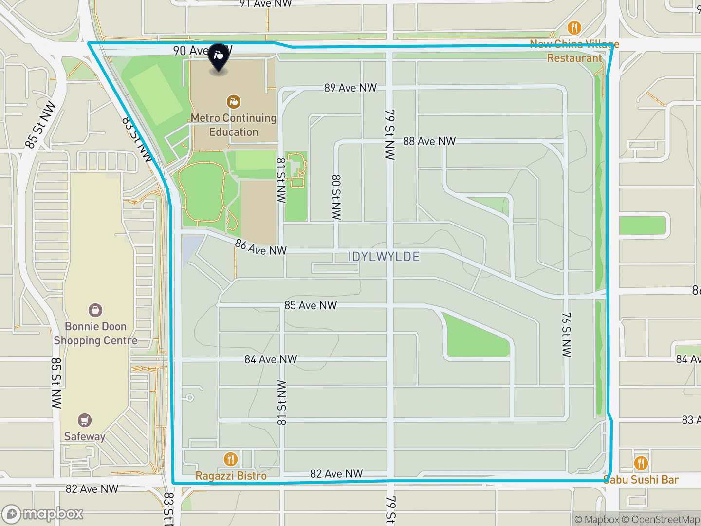Map of Idylwylde, Edmonton — neighbourhood boundary, 1 school, parks and surrounding streets.