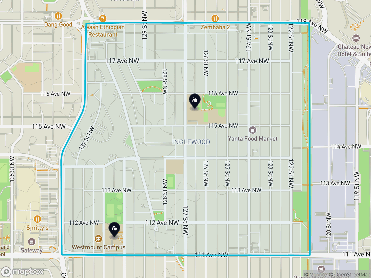 Map of Inglewood, Edmonton — neighbourhood boundary, 2 schools, parks and surrounding streets.