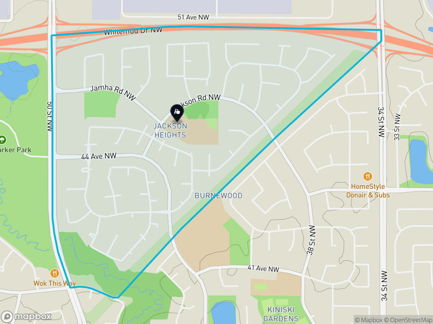 Map of Jackson Heights, Edmonton — neighbourhood boundary, 1 school, parks and surrounding streets.
