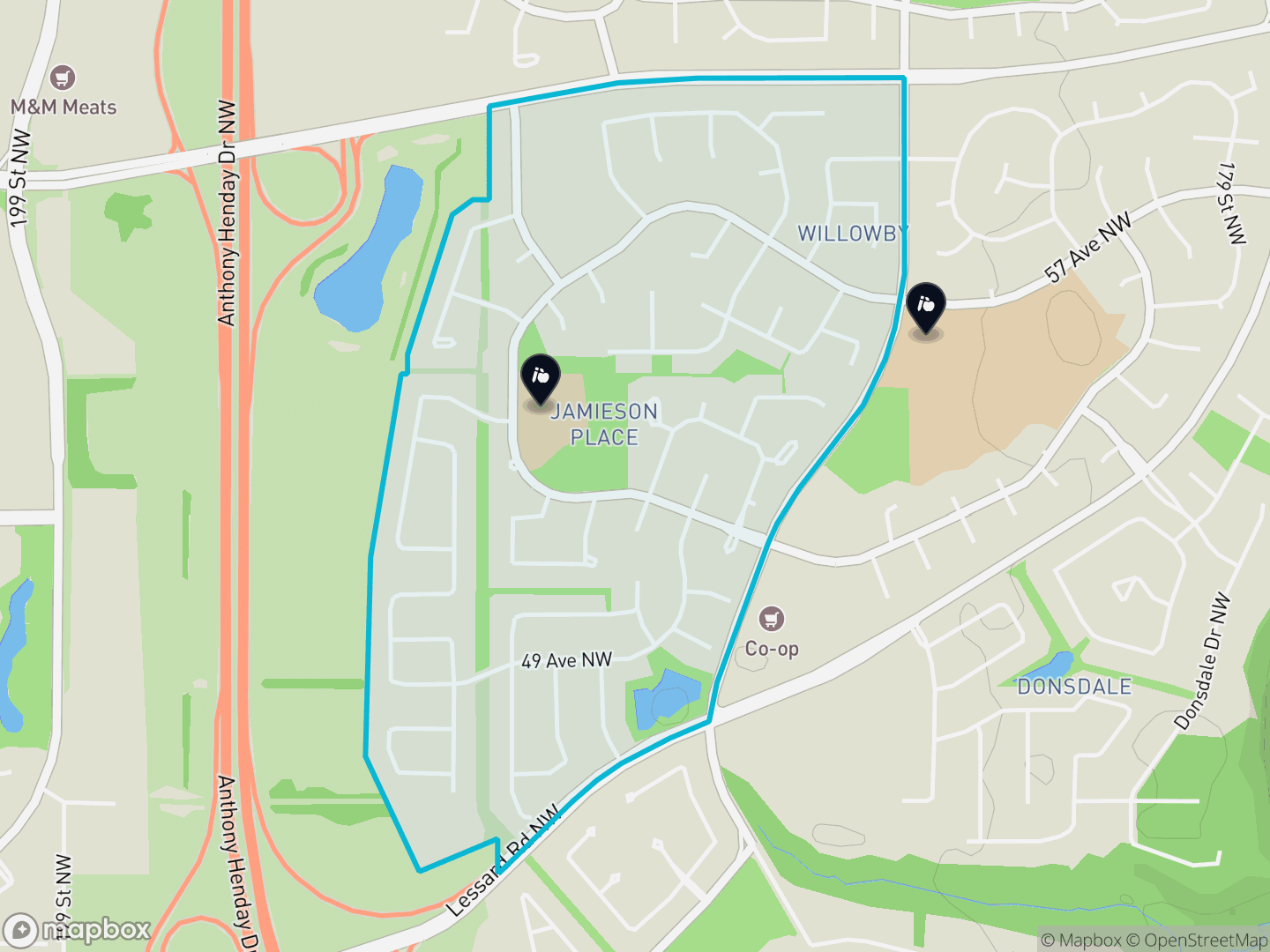 Map of Jamieson Place, Edmonton — neighbourhood boundary, 2 schools, parks and surrounding streets.