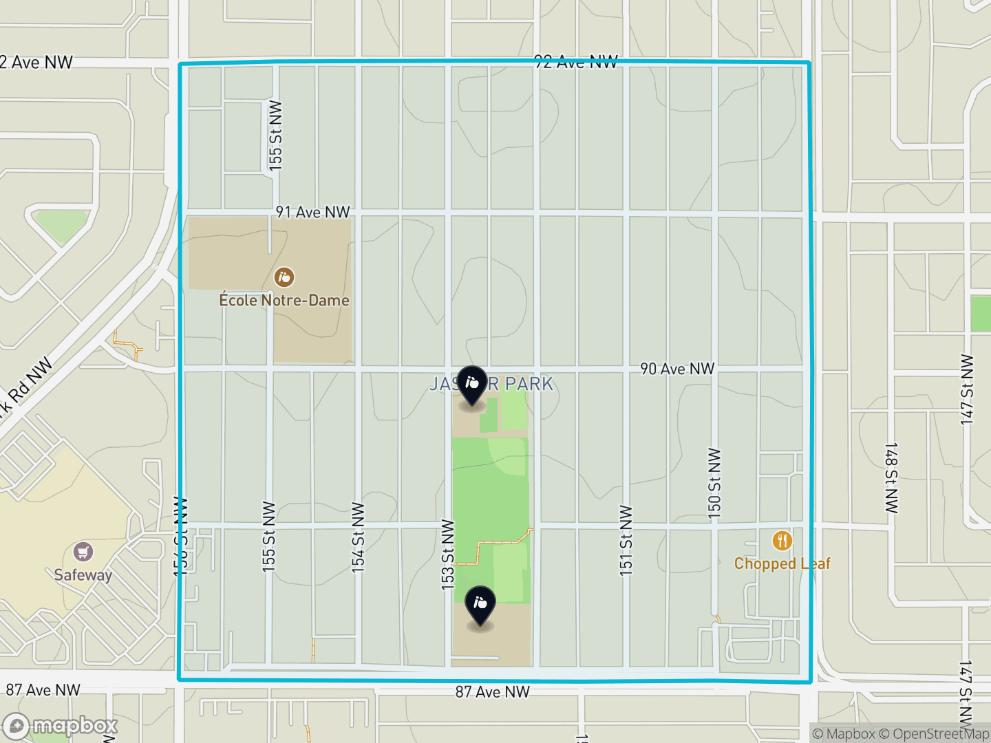 Map of Jasper Park, Edmonton — neighbourhood boundary, 2 schools, parks and surrounding streets.