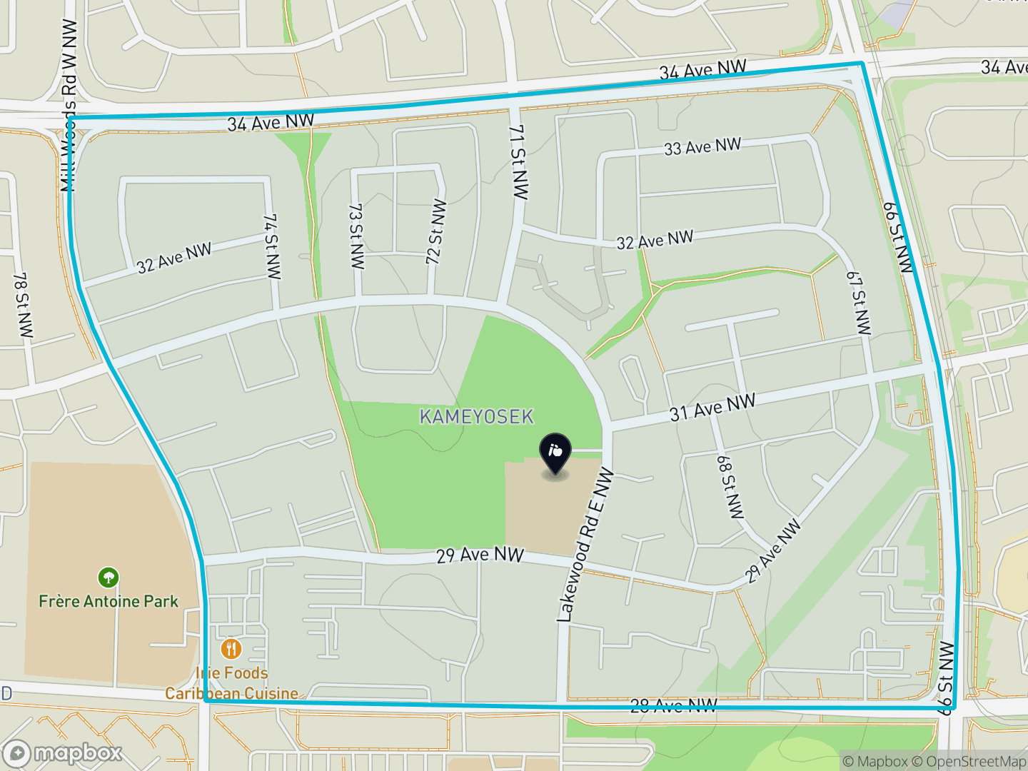 Map of Kameyosek, Edmonton — neighbourhood boundary, 1 school, parks and surrounding streets.