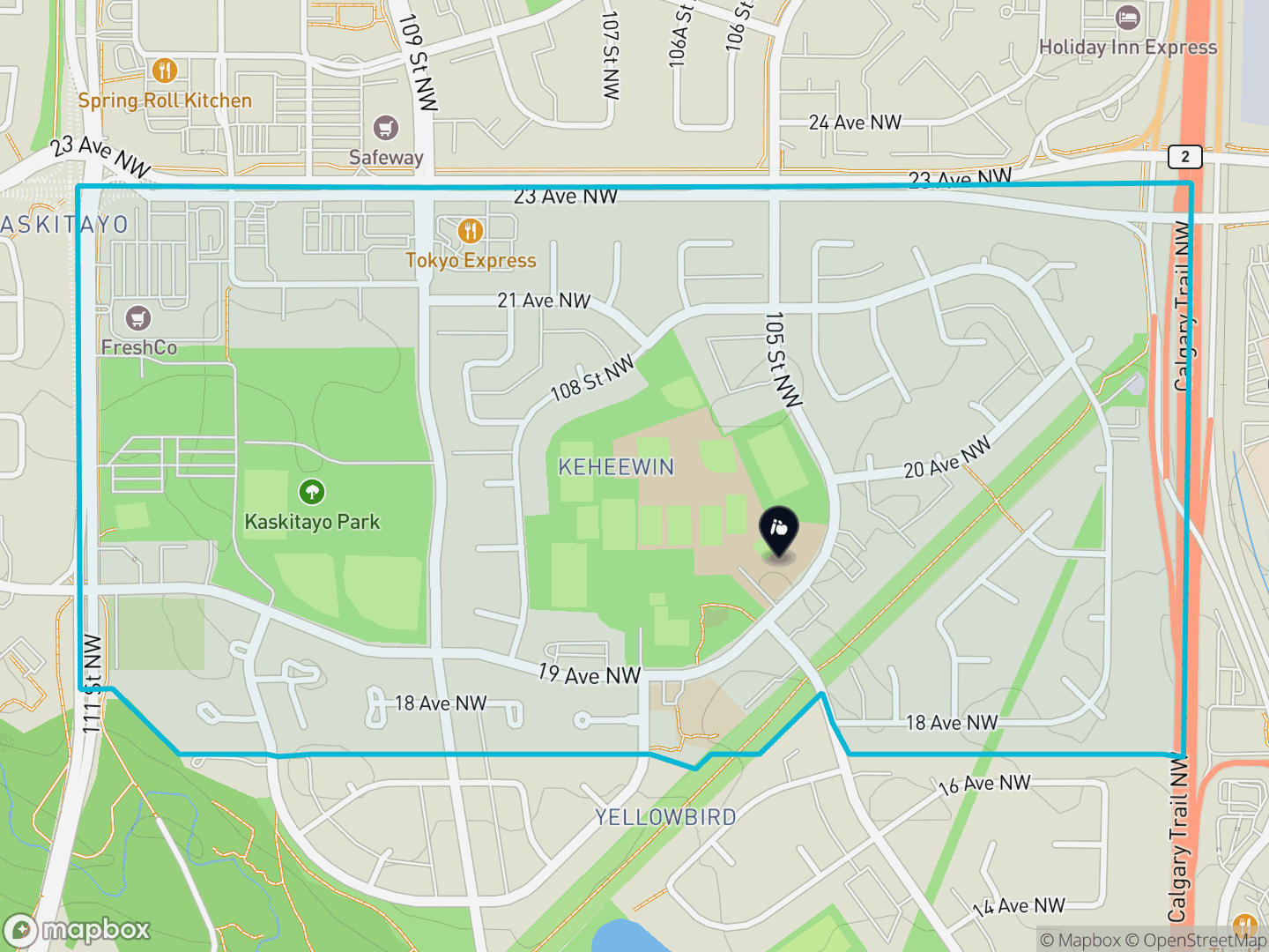 Map of Keheewin, Edmonton — neighbourhood boundary, 1 school, parks and surrounding streets.