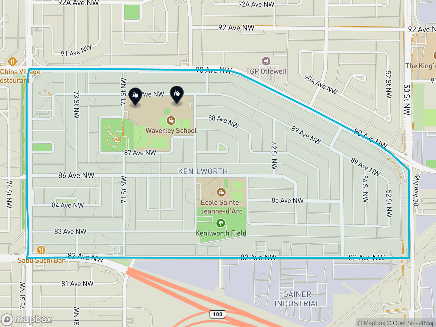 Map of Kenilworth, Edmonton — neighbourhood boundary, 2 schools, parks and surrounding streets.