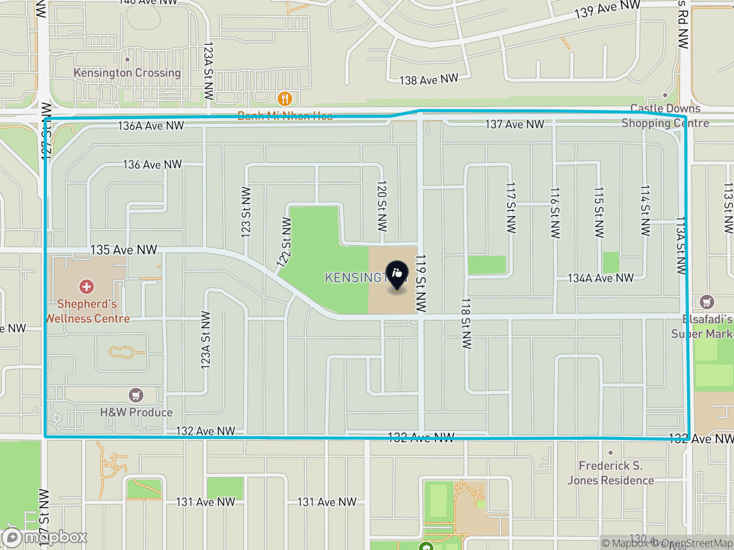 Map of Kensington, Edmonton — neighbourhood boundary, 1 school, parks and surrounding streets.