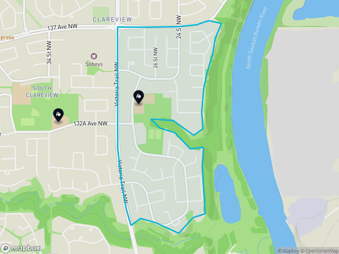 Map of Kernohan, Edmonton — neighbourhood boundary, 2 schools, parks and surrounding streets.