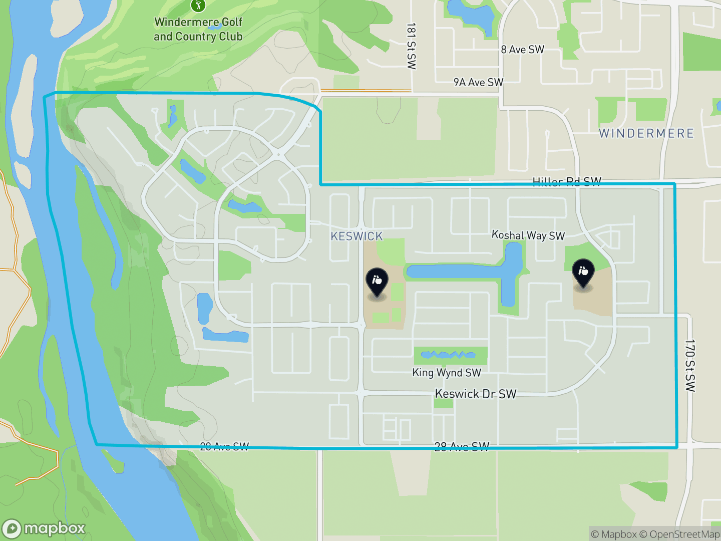 Map of Keswick, Edmonton — neighbourhood boundary, 2 schools, parks and surrounding streets.