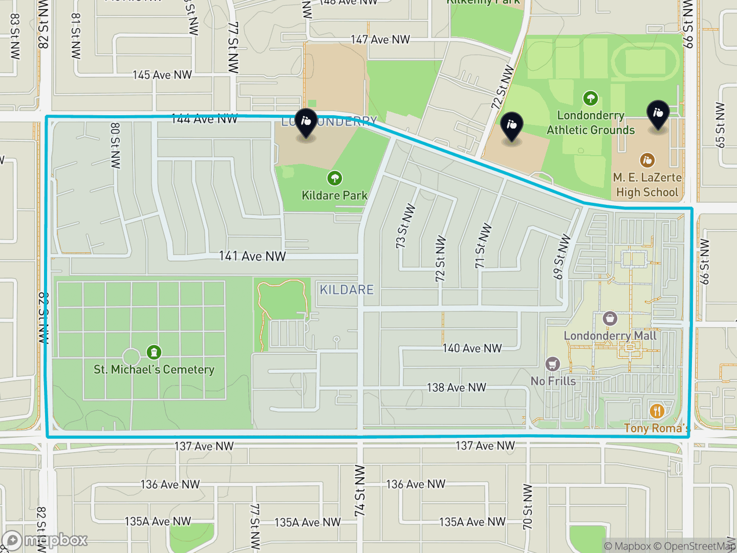 Map of Kildare, Edmonton — neighbourhood boundary, 3 schools, parks and surrounding streets.