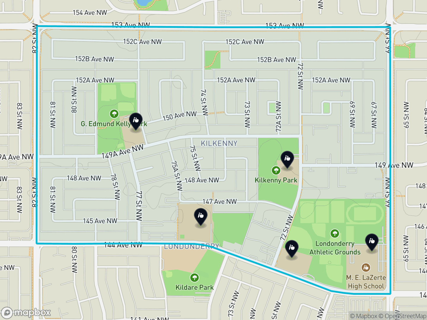 Map of Kilkenny, Edmonton — neighbourhood boundary, 5 schools, parks and surrounding streets.