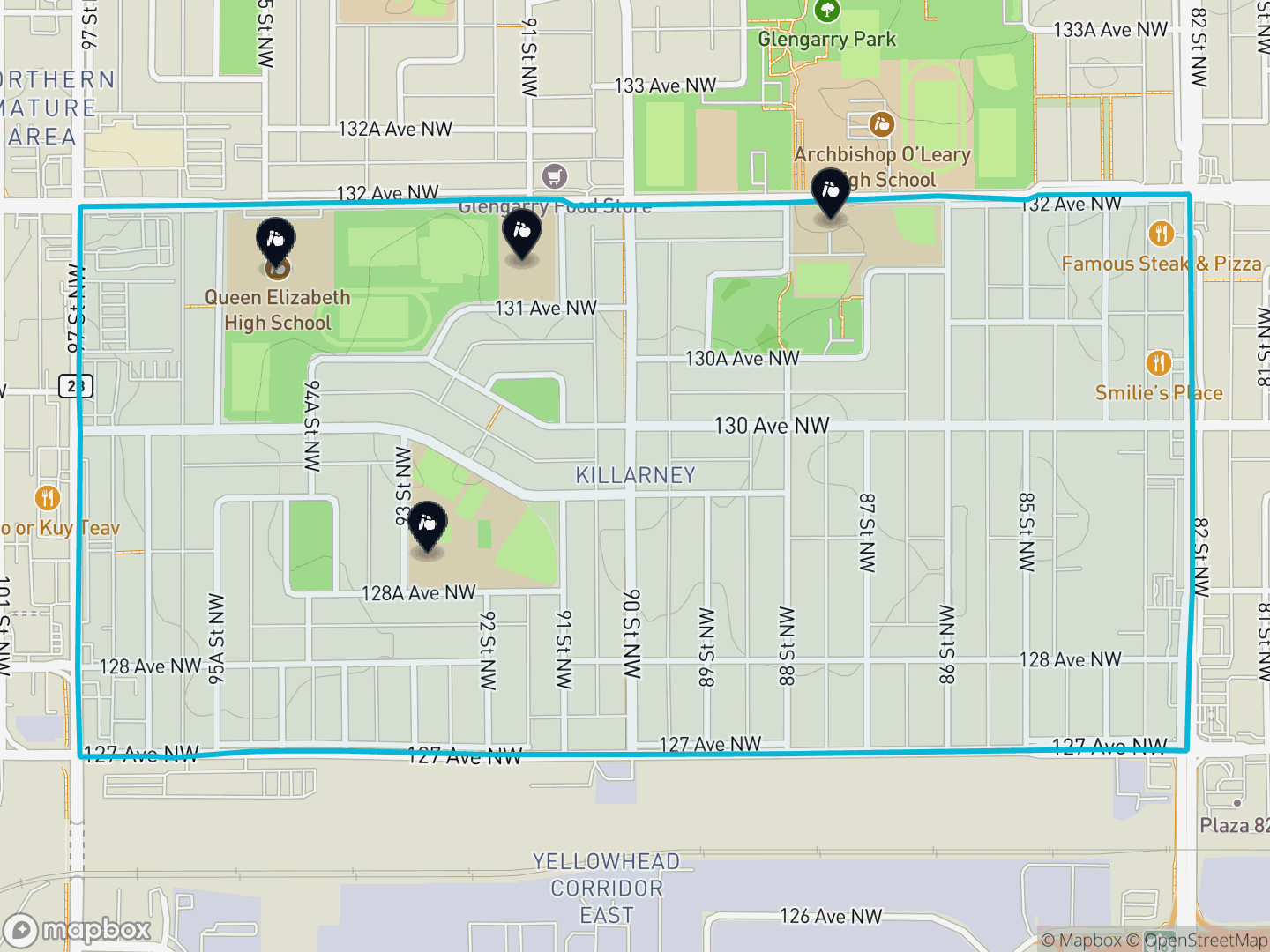 Map of Killarney, Edmonton — neighbourhood boundary, 4 schools, parks and surrounding streets.