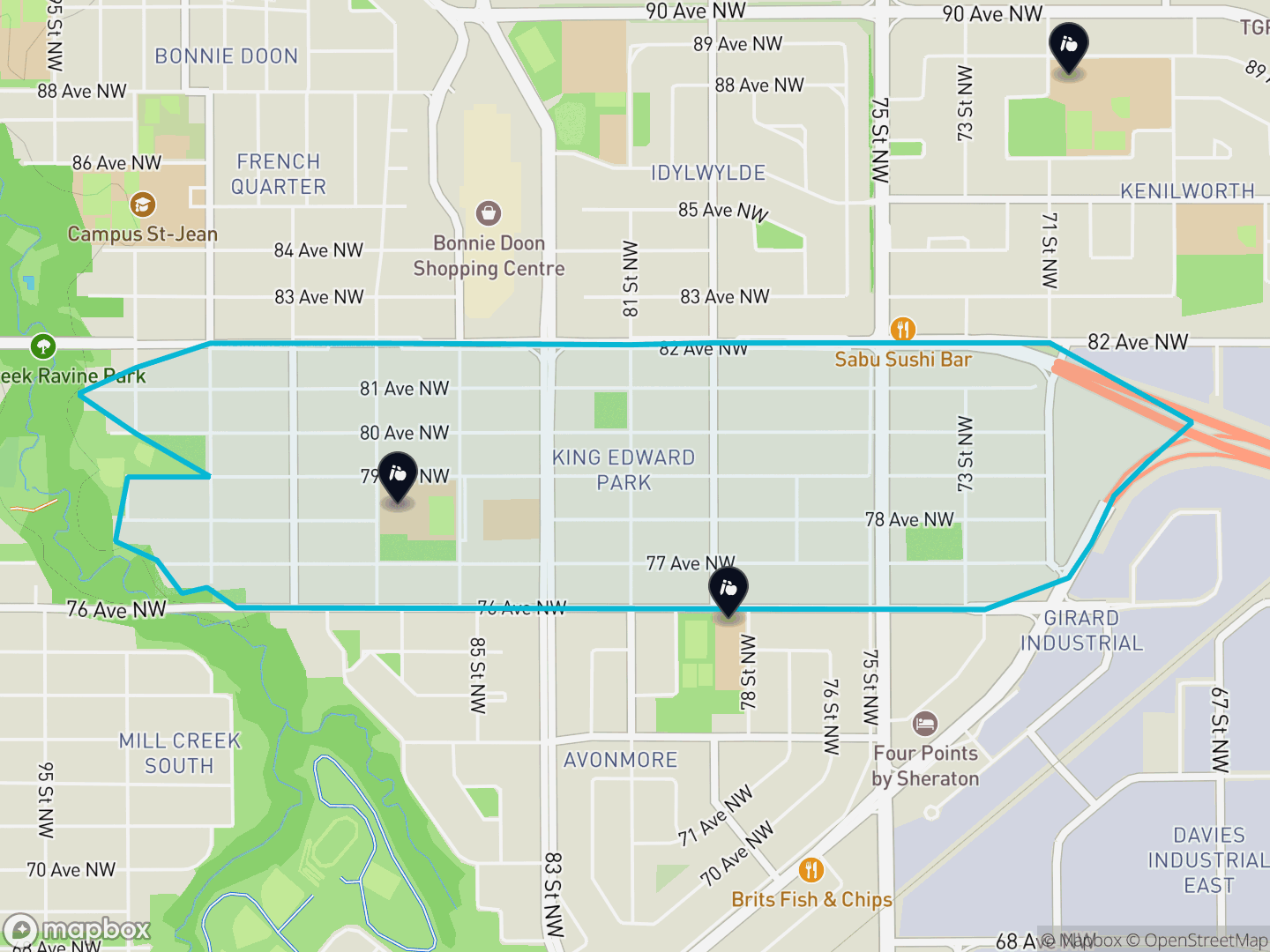 Map of King Edward Park, Edmonton — neighbourhood boundary, 3 schools, parks and surrounding streets.